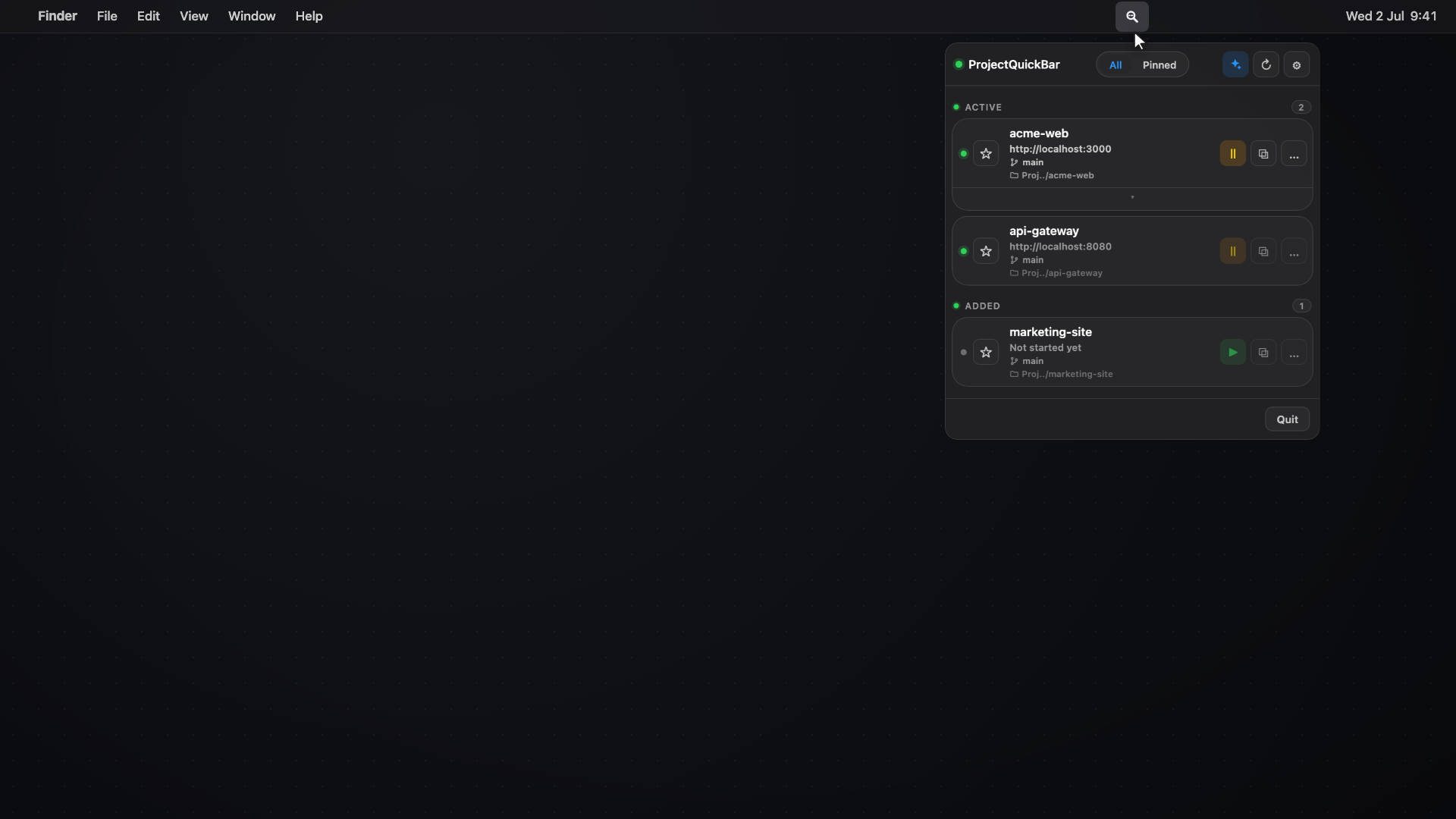 The ProjectQuickBar popover open under the macOS menu bar, listing acme-web and api-gateway running with green status dots and marketing-site ready to start
