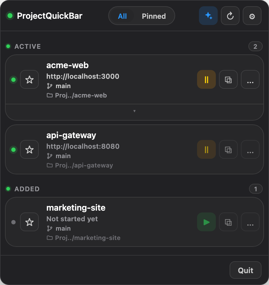 ProjectQuickBar popover listing three localhost projects: acme-web on port 3000 and api-gateway on 8080 running, marketing-site ready to start