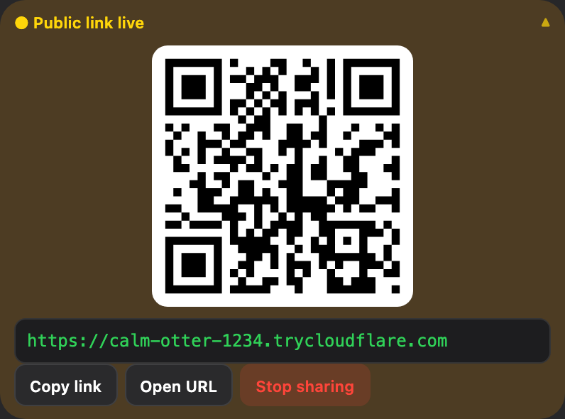 ProjectQuickBar share panel with a Public link live badge, QR code, trycloudflare.com URL, and Copy link, Open URL, and Stop sharing buttons