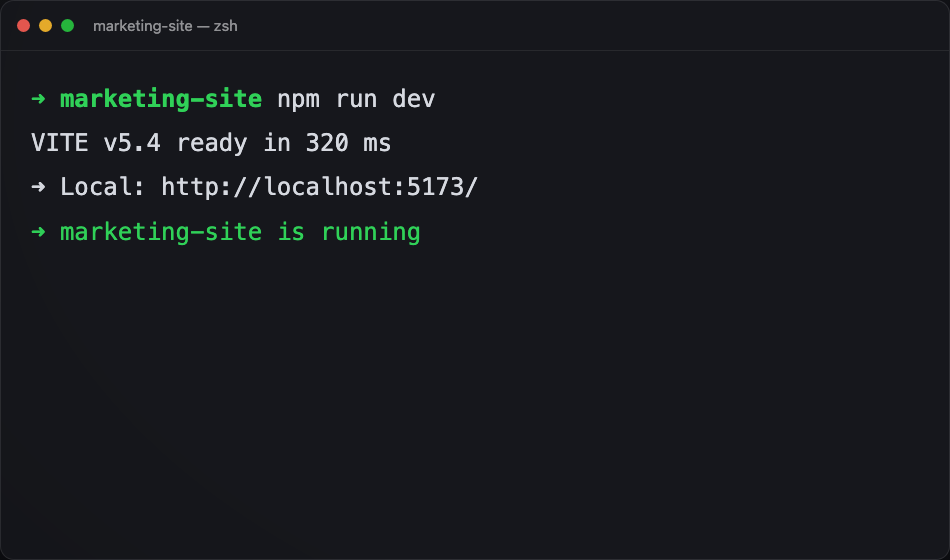 Terminal window opened by ProjectQuickBar running npm run dev for marketing-site, with the dev server ready at localhost:5173